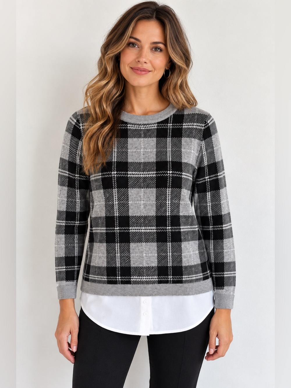 Anne Klein Women’s Small Preppy Plaid Layered Look Academic Casual Sweater